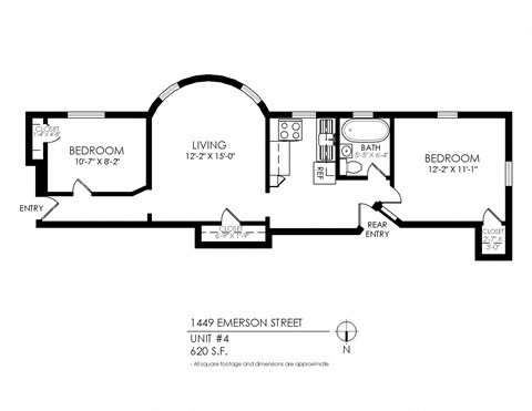 Floor plan for 2 beds, 1 bath, 620 sqft